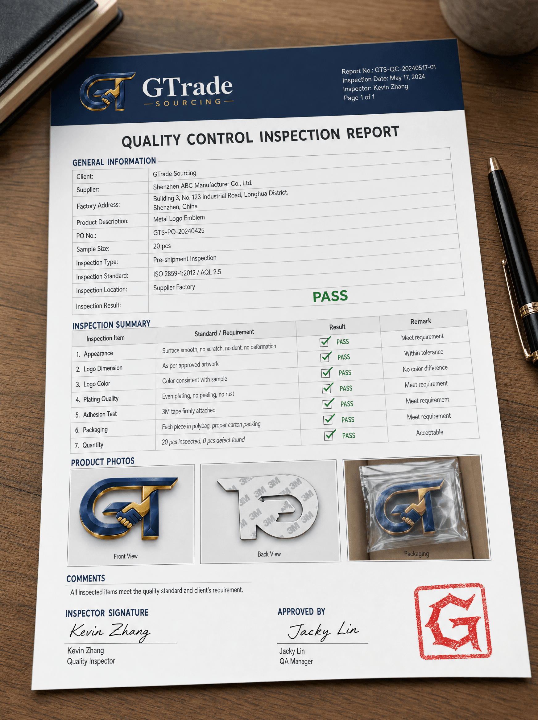 GTrade QC report mockup